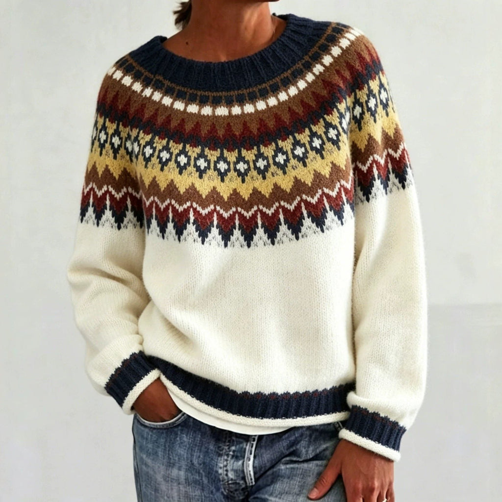 Women's Fair Isle Yoke Crew Neck Sweater with Solid Body