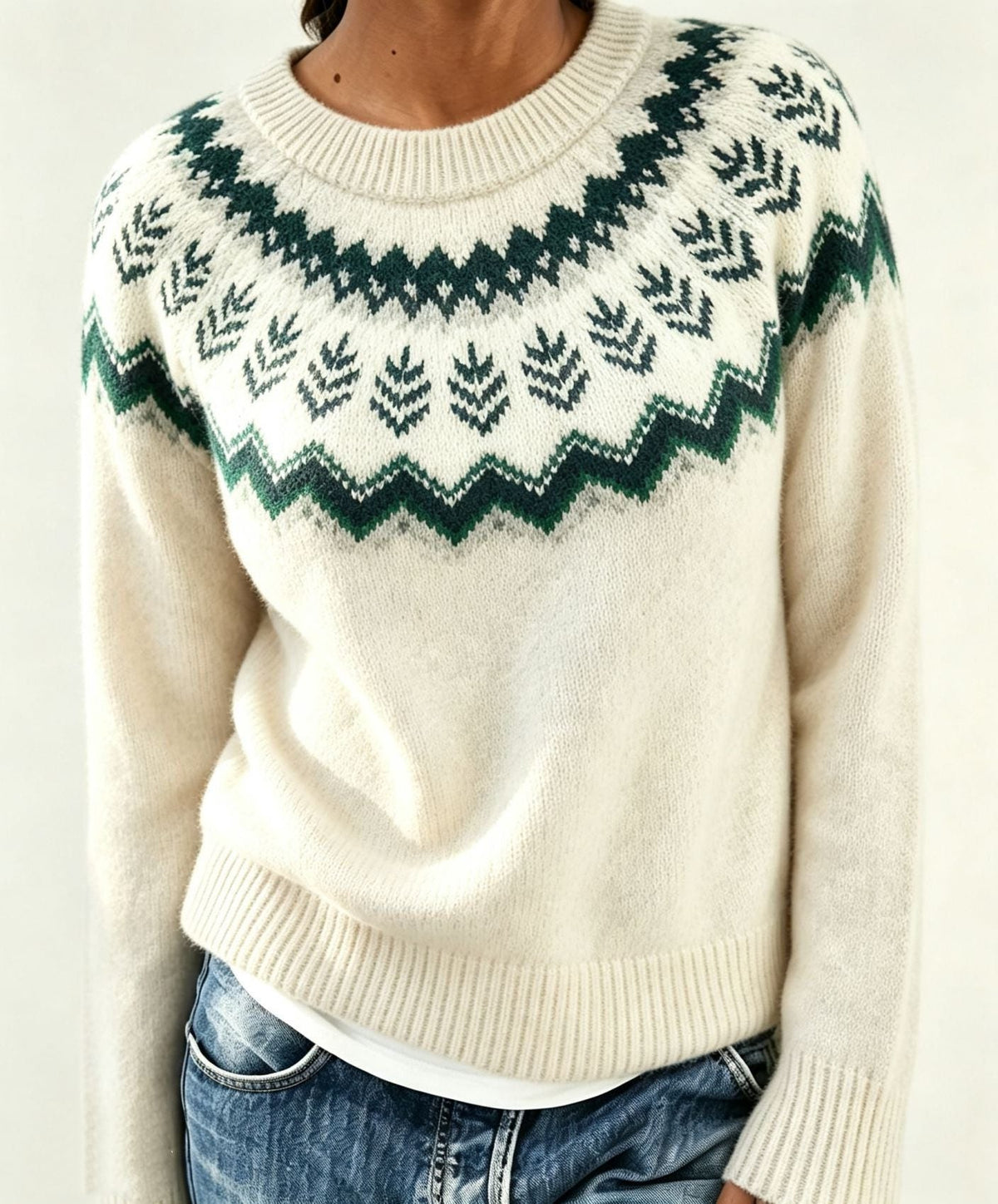 Women's Fair Isle Yoke Crew Neck Sweater with Solid Body - White