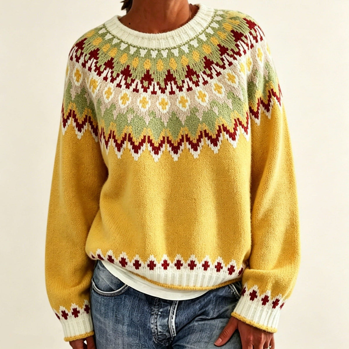 Women's Fair Isle Yoke Crew Neck Sweater with Solid Body - Yellow