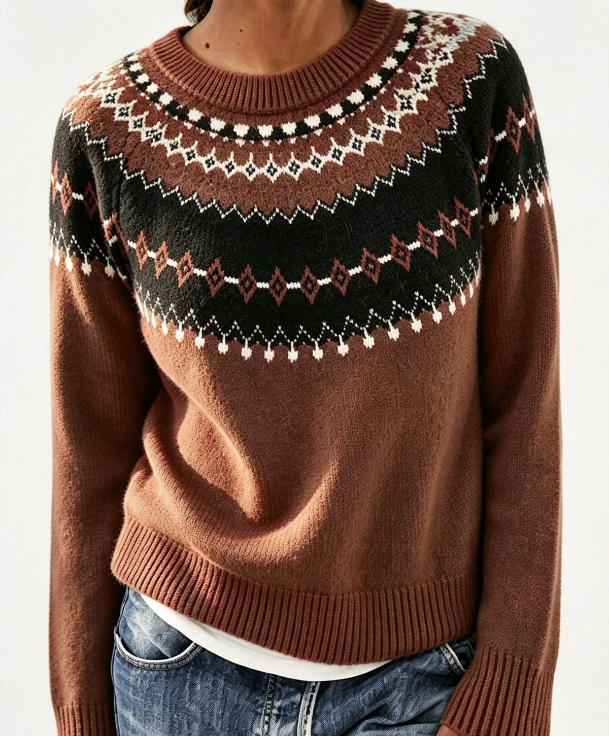 Women's Fair Isle Yoke Crew Neck Sweater with Solid Body - Caramel