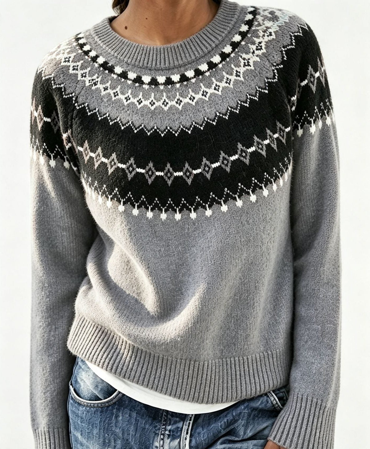 Women's Fair Isle Yoke Crew Neck Sweater with Solid Body - Gray