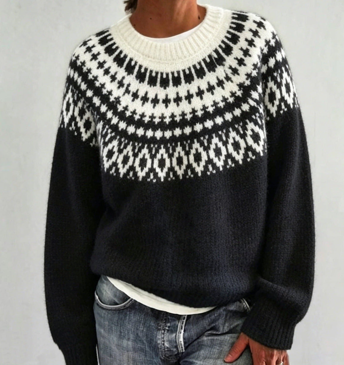 Women's Fair Isle Yoke Crew Neck Sweater with Solid Body - Black