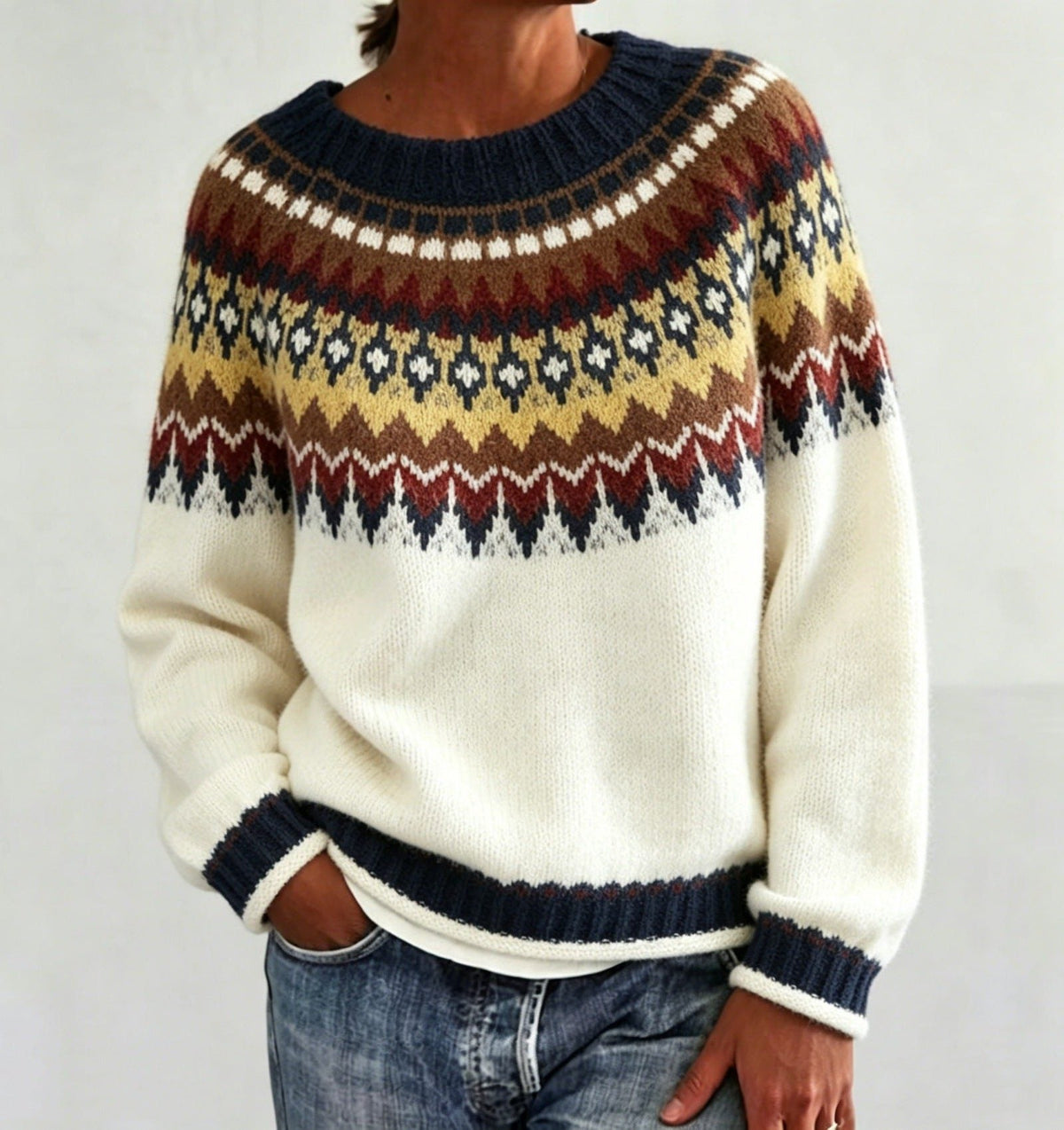Women's Fair Isle Yoke Crew Neck Sweater with Solid Body - Cream
