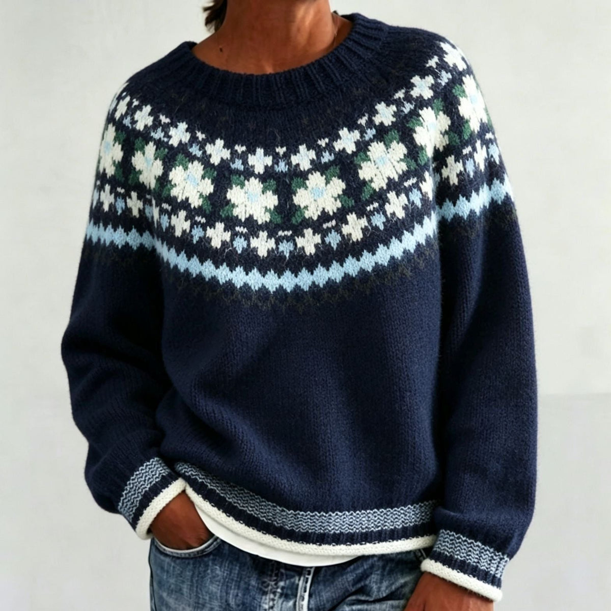Women's Fair Isle Yoke Crew Neck Sweater with Solid Body - Navy Blue
