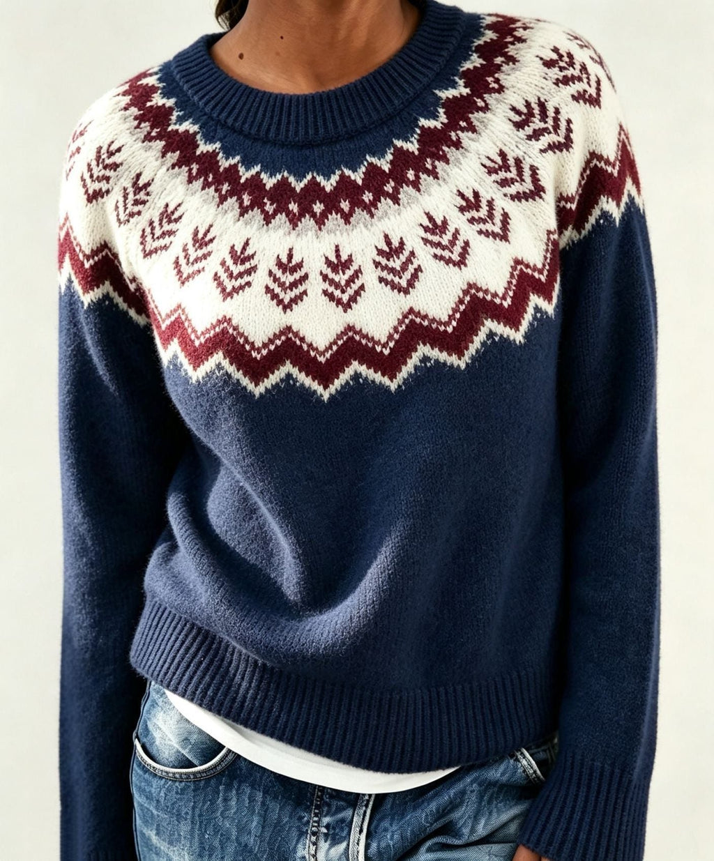 Women's Fair Isle Yoke Crew Neck Sweater with Solid Body - Dark Blue