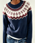 Women's Fair Isle Yoke Crew Neck Sweater with Solid Body - Dark Blue
