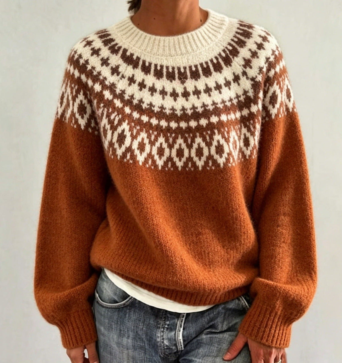 Women's Fair Isle Yoke Crew Neck Sweater with Solid Body - Brick Red