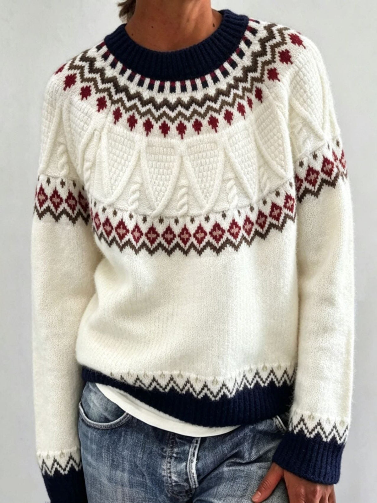 Women's Fair Isle Yoke Crew Neck Sweater with Solid Body - Cream White