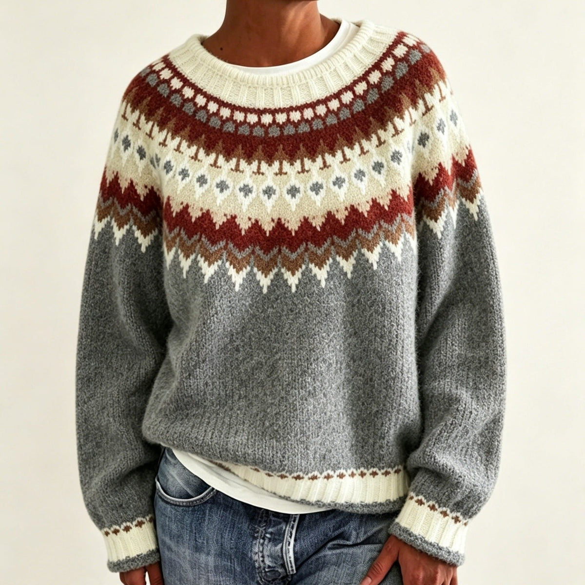 Women's Fair Isle Yoke Crew Neck Sweater with Solid Body - Cream Gray