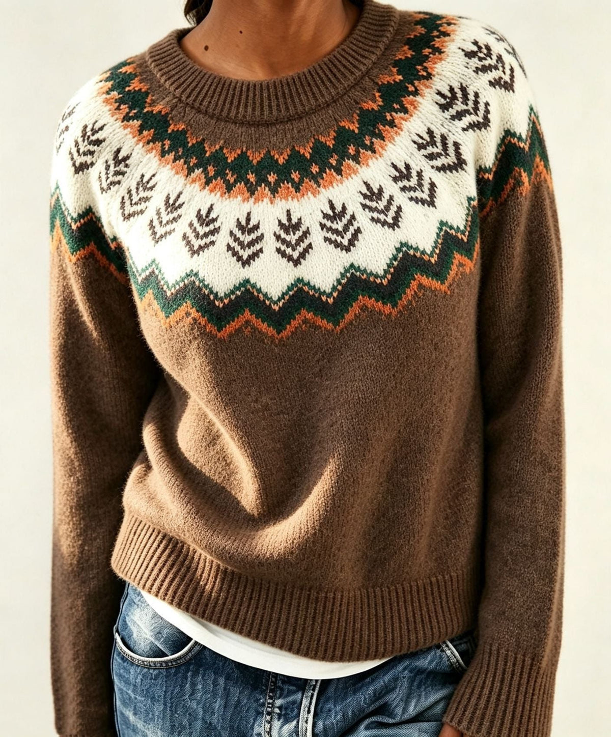Women's Fair Isle Yoke Crew Neck Sweater with Solid Body - Brown