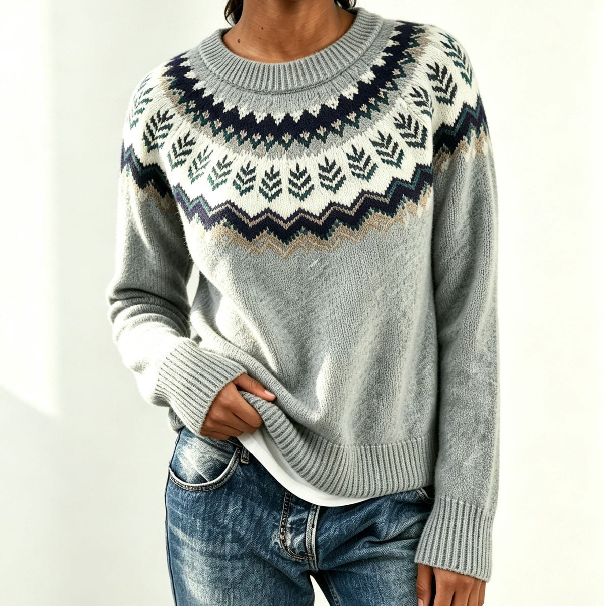 Women's Fair Isle Yoke Crew Neck Sweater with Solid Body - Light Gray