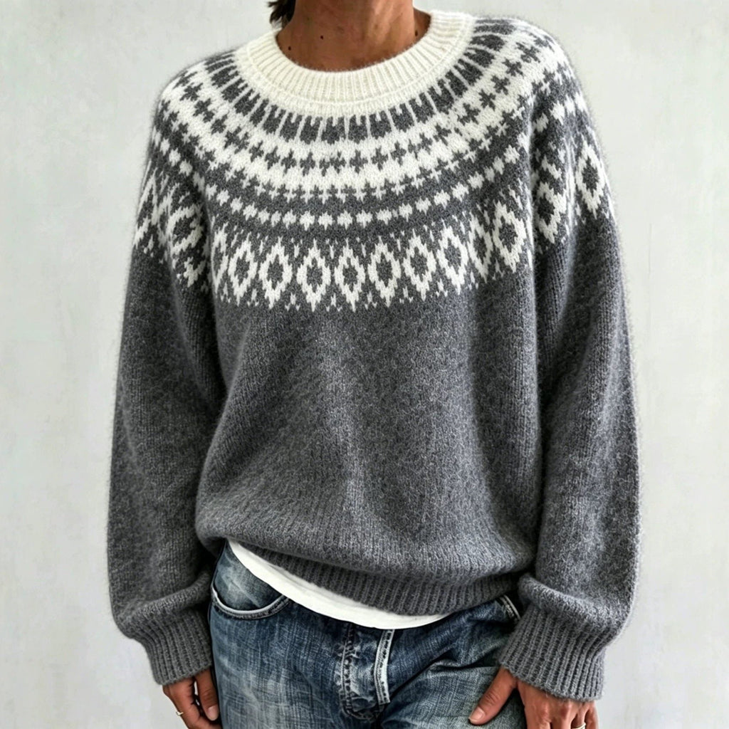 Women's Fair Isle Yoke Crew Neck Sweater with Solid Body