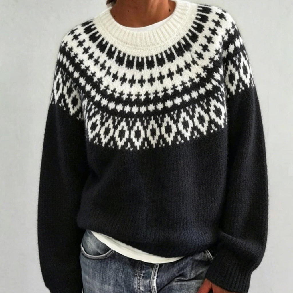 Women's Fair Isle Yoke Crew Neck Sweater with Solid Body