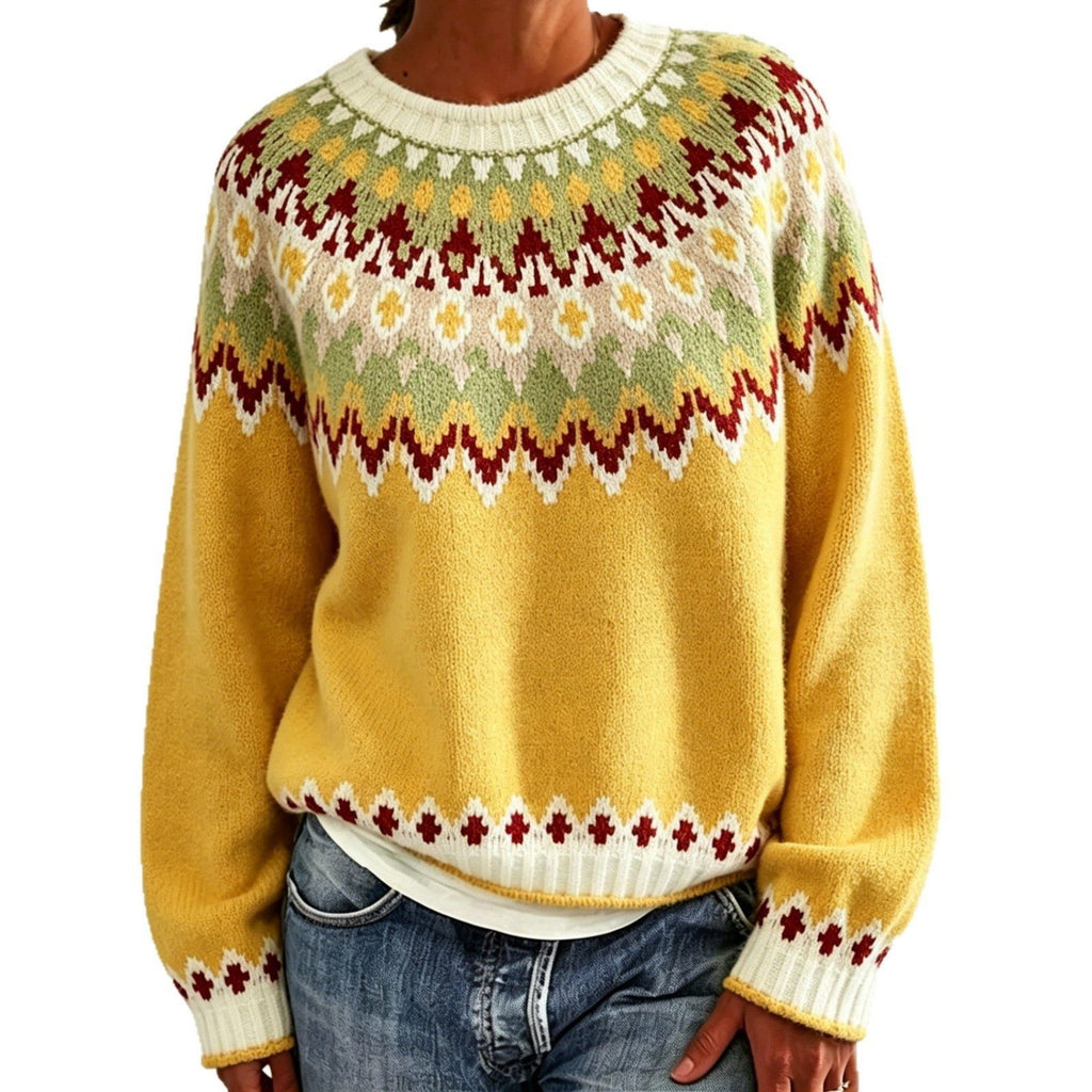 Women's Fair Isle Yoke Crew Neck Sweater with Solid Body