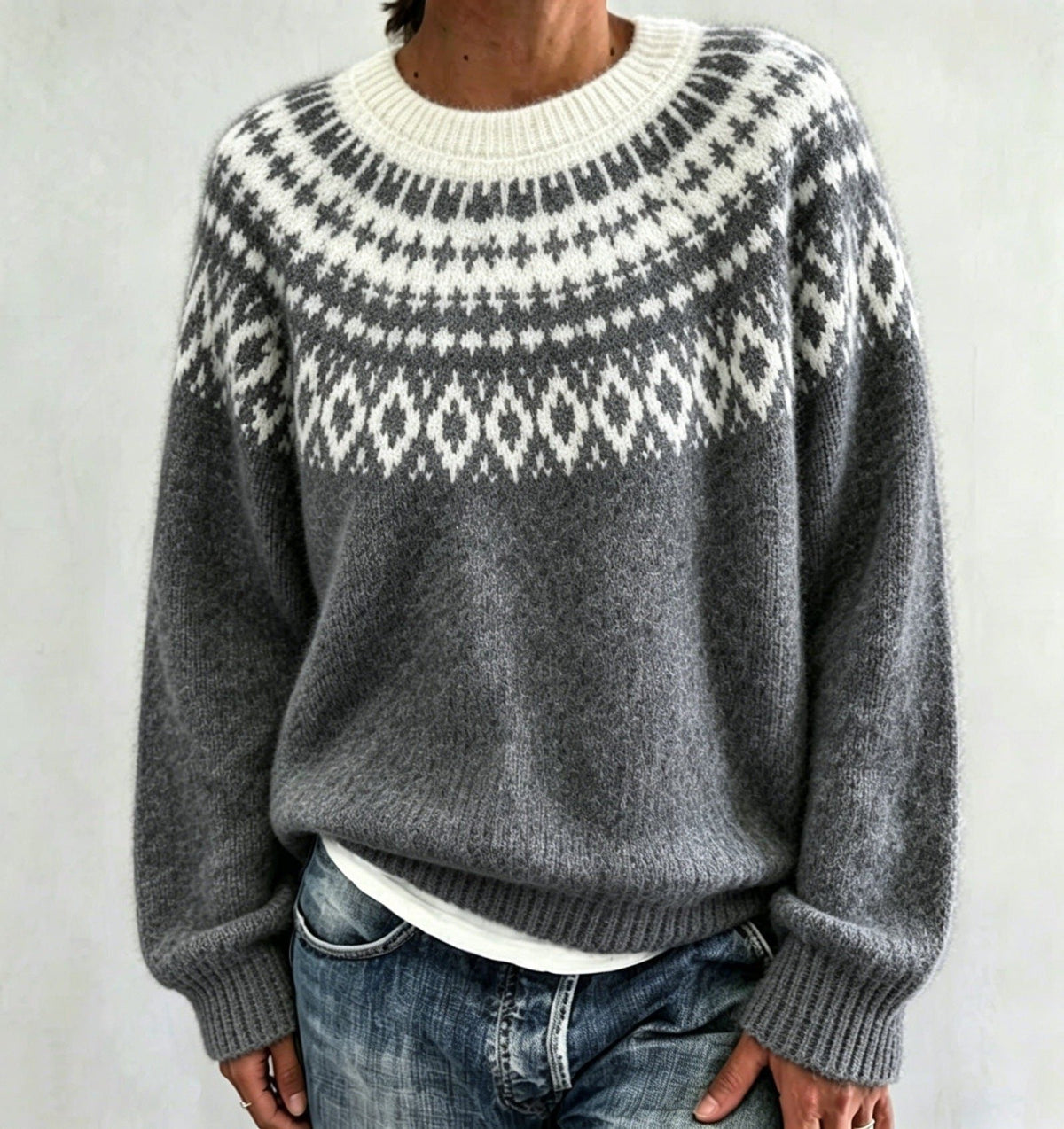 Women's Fair Isle Yoke Crew Neck Sweater with Solid Body - Dark Gray
