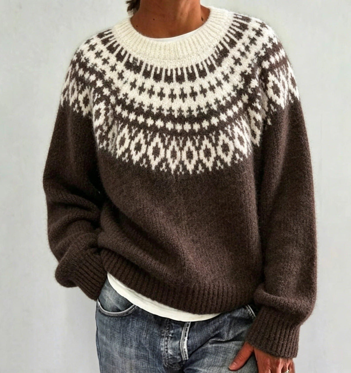 Women's Fair Isle Yoke Crew Neck Sweater with Solid Body - Dark Brown