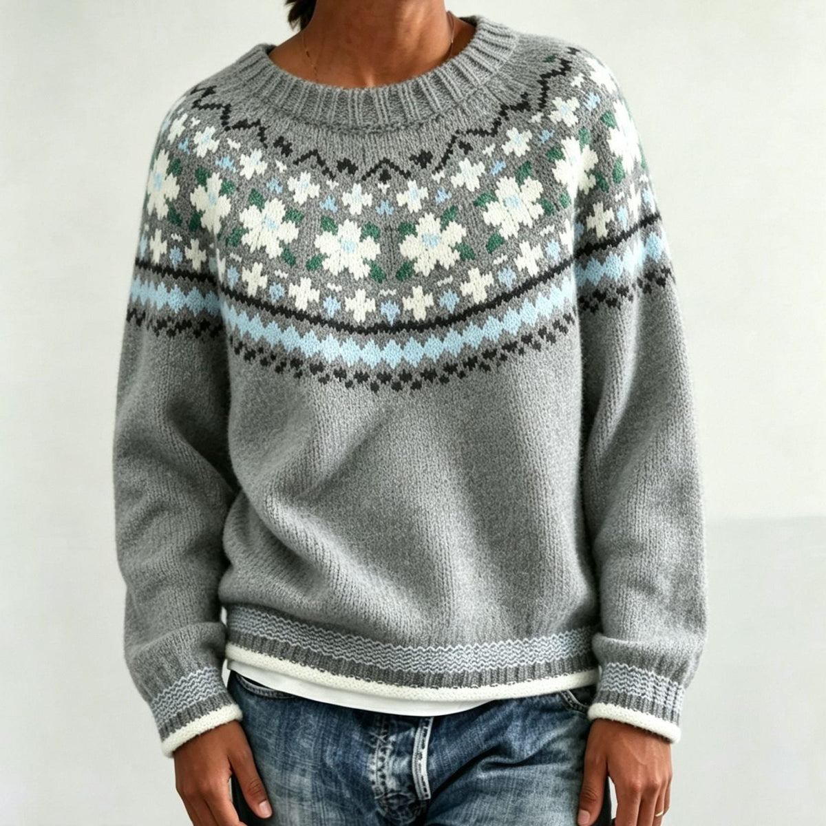 Women's Fair Isle Yoke Crew Neck Sweater with Solid Body - Grayish