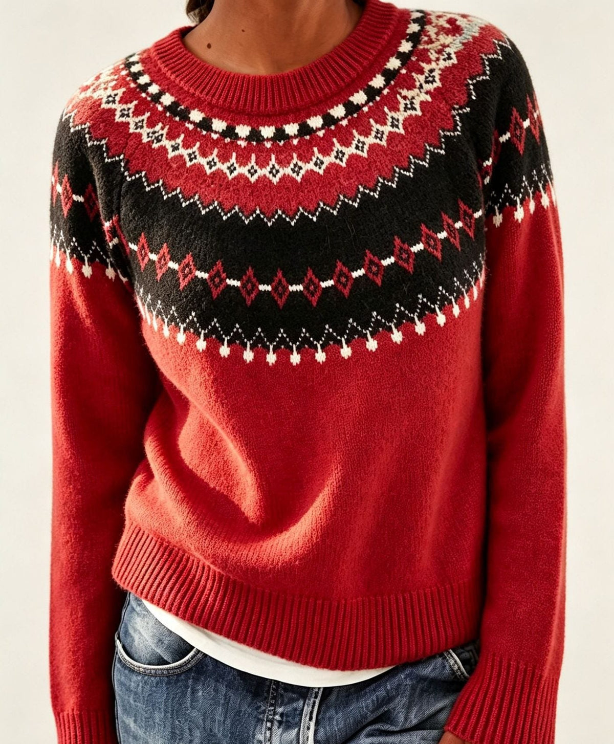 Women's Fair Isle Yoke Crew Neck Sweater with Solid Body - Red
