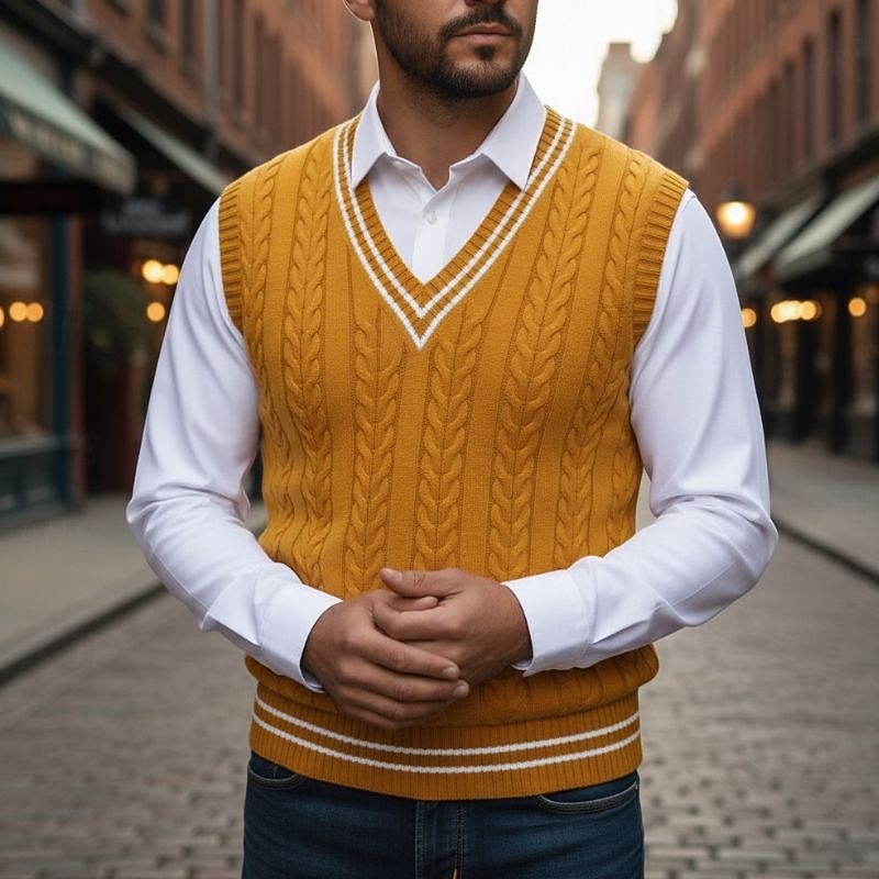 Men's Striped Cable-Knit V-Neck Vest - Dark Navy