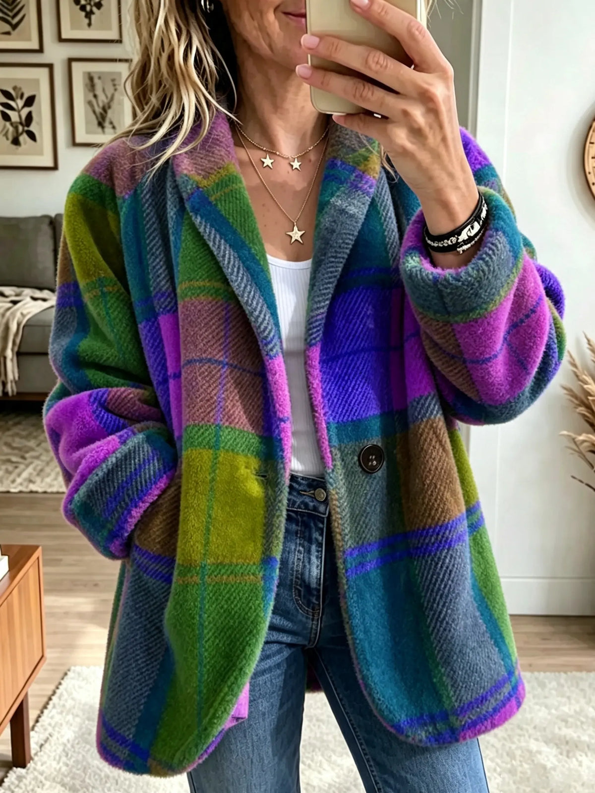 Women's Relaxed Brushed Plaid Jacket - Neptune