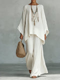 Women's Oversized Linen Top and Wide-Leg Pants Set - White