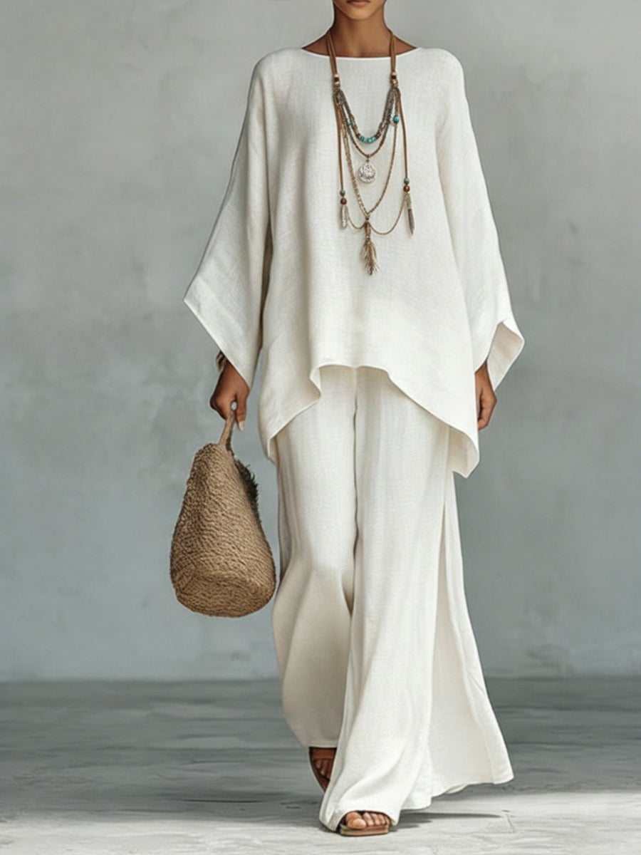 Women's Oversized Linen Top and Wide-Leg Pants Set - White