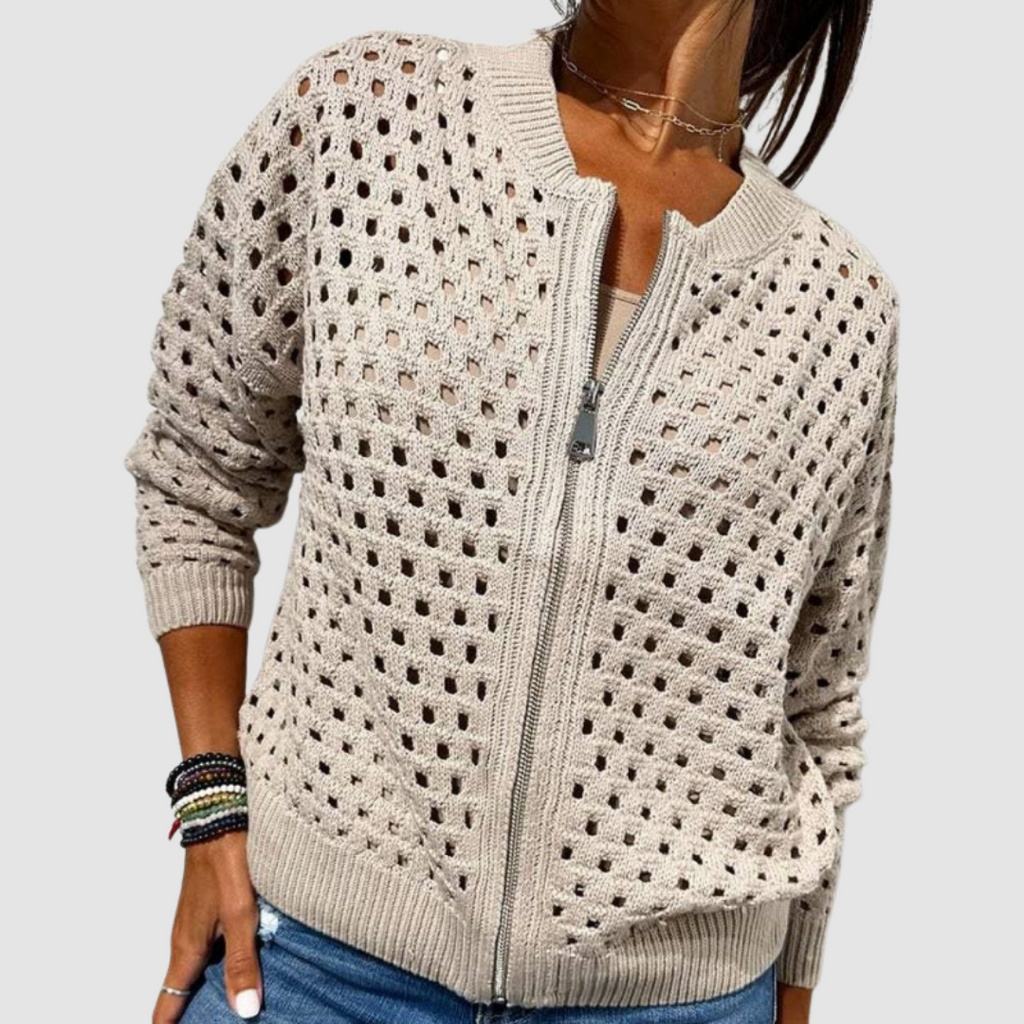 Women's Open Knit Zip-Up Cardigan with Ribbed Trim