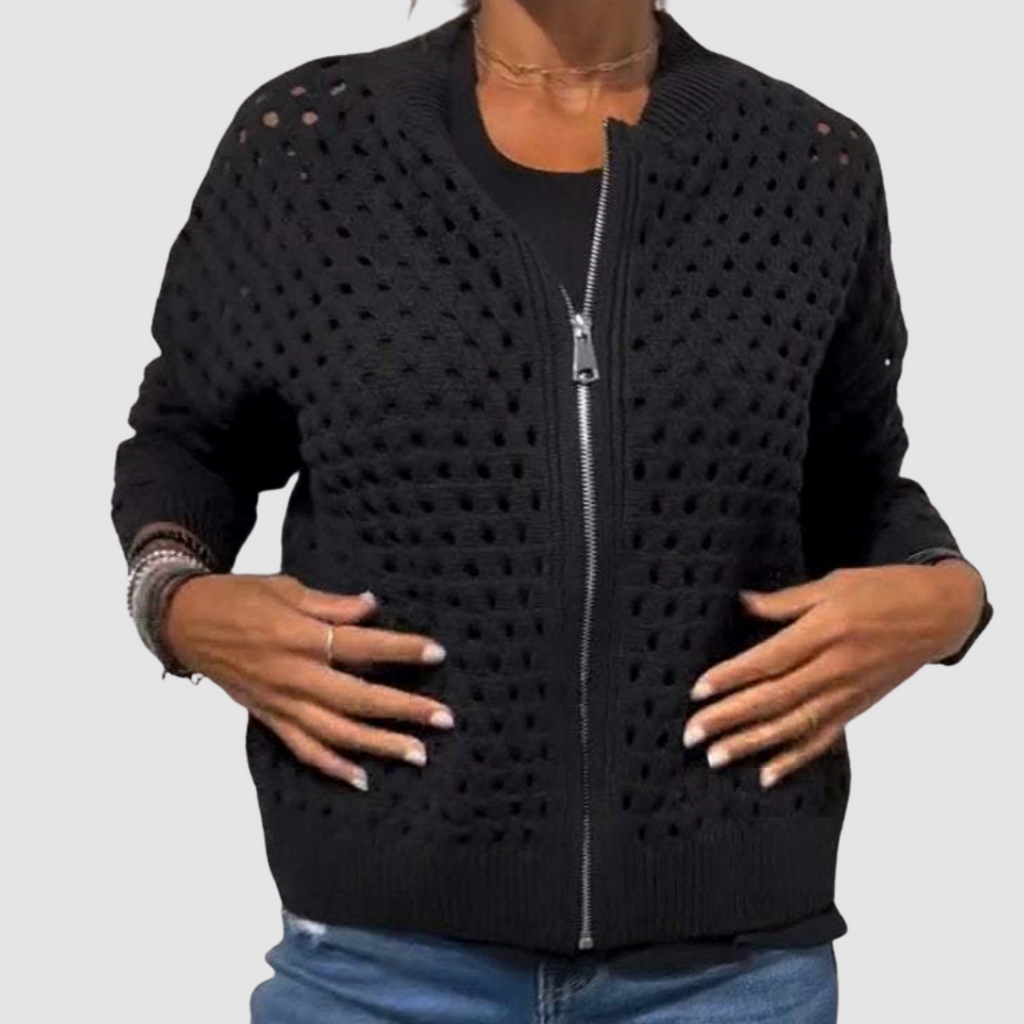 Women's Open Knit Zip-Up Cardigan with Ribbed Trim - Black