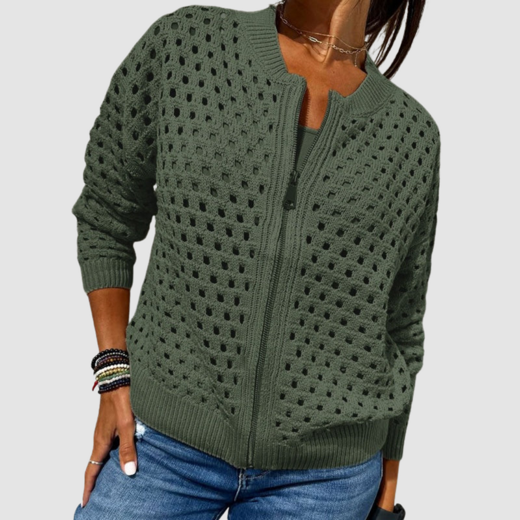 Women's Open Knit Zip-Up Cardigan with Ribbed Trim