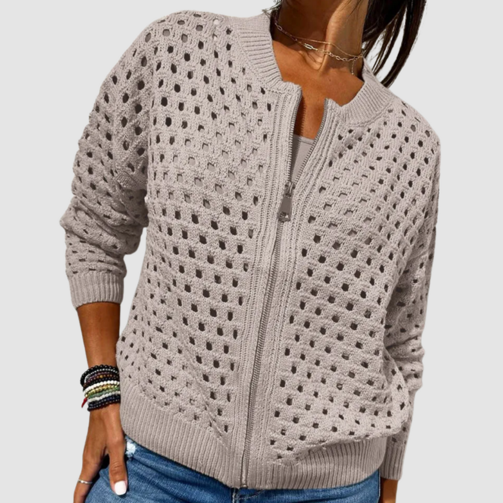 Women's Open Knit Zip-Up Cardigan with Ribbed Trim