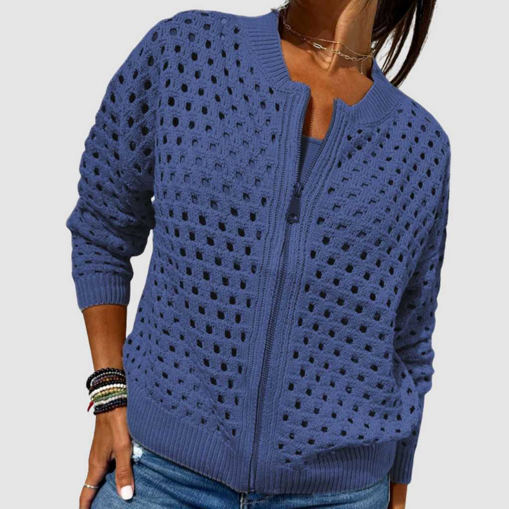 Women's Open Knit Zip-Up Cardigan with Ribbed Trim