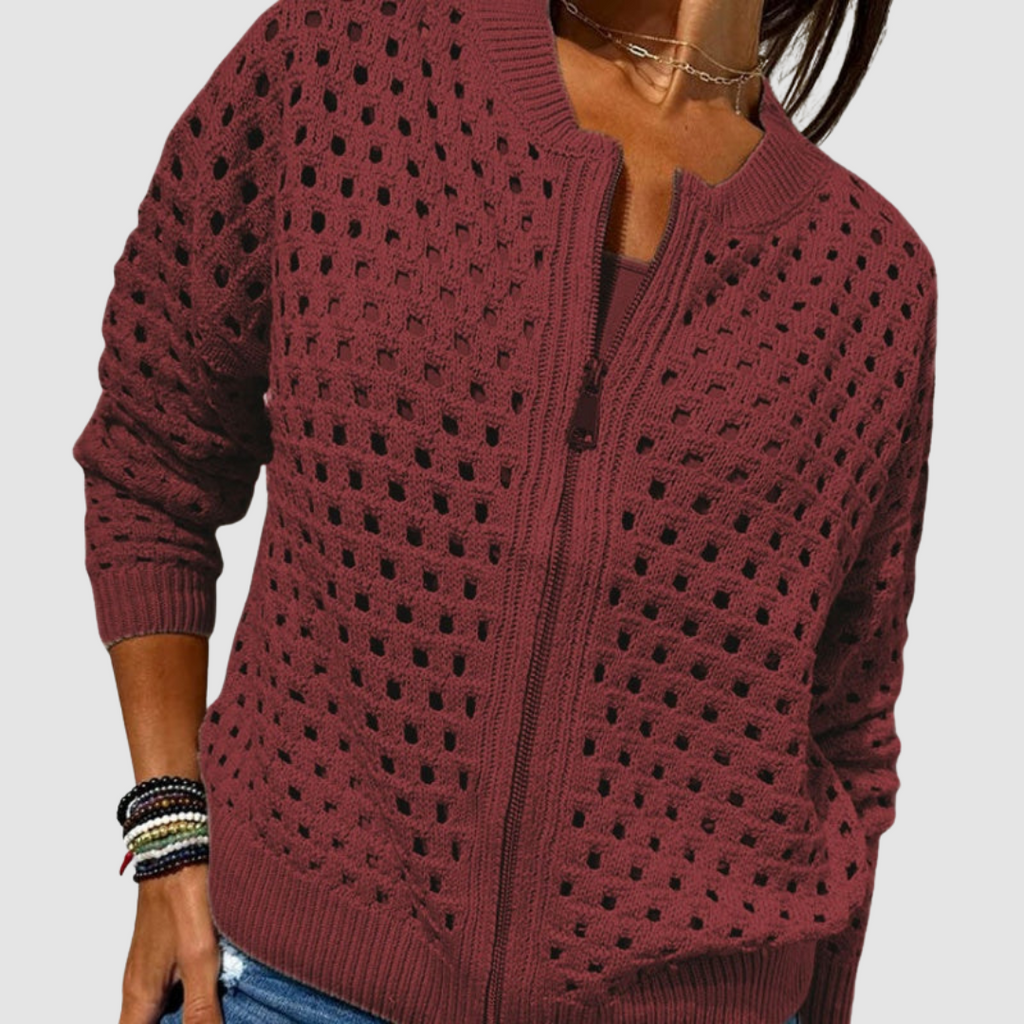 Women's Open Knit Zip-Up Cardigan with Ribbed Trim - Burgundy