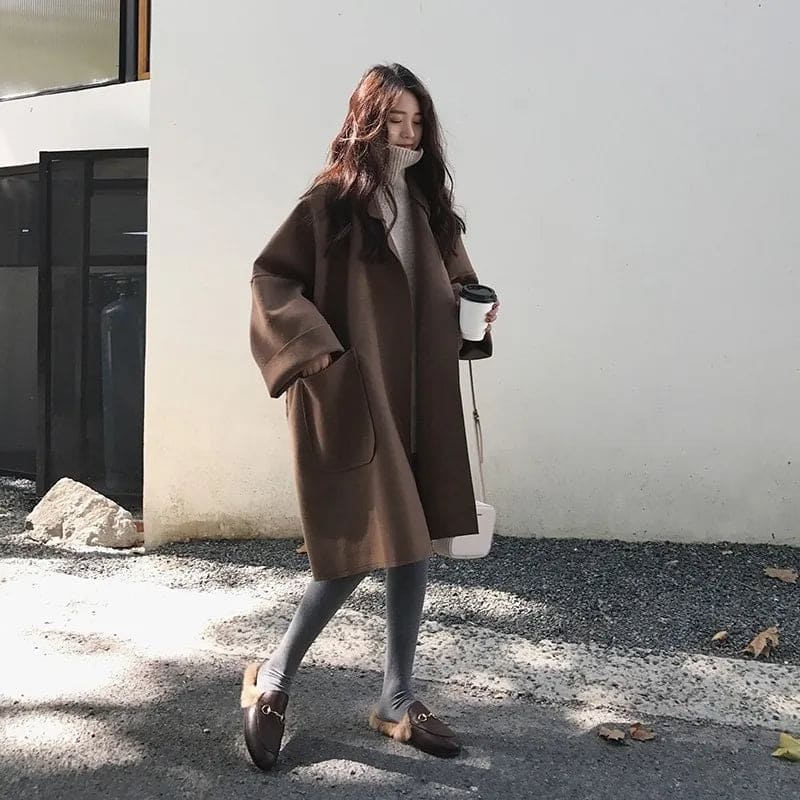 Women's Oversized Wool Blend Trench Coat - Brown