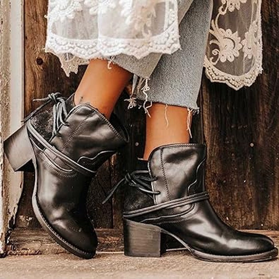 Women's Western Lace-Up Block Heel Ankle Boots