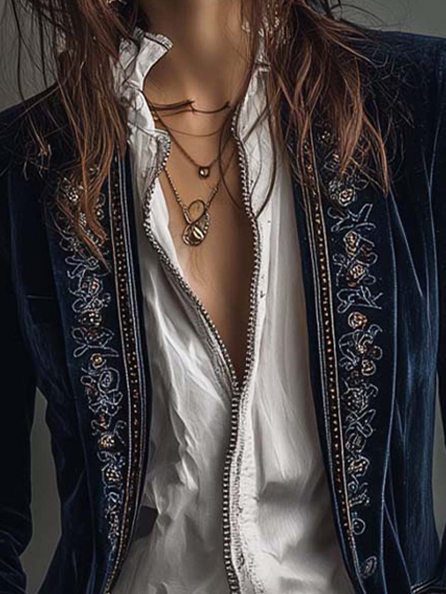 Women's Long Velvet Dinner Jacket with Embroidered Cuffs and Lapels