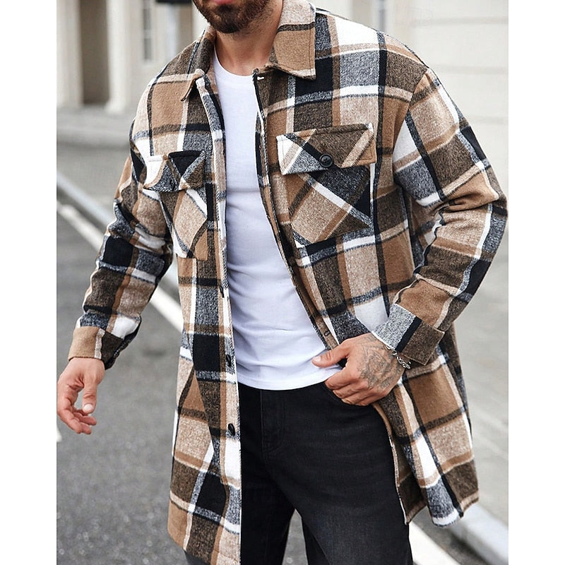 Women's Checked Overshirt Shirt Jacket with Chest Pockets - Khaki