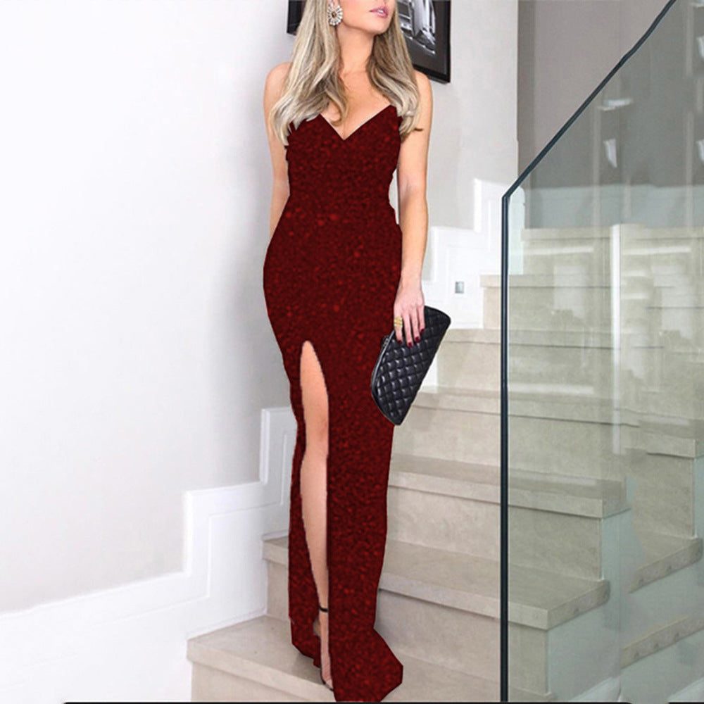 Women's Sequin V-Neck Maxi Party Dress with High Slit - Burgundy