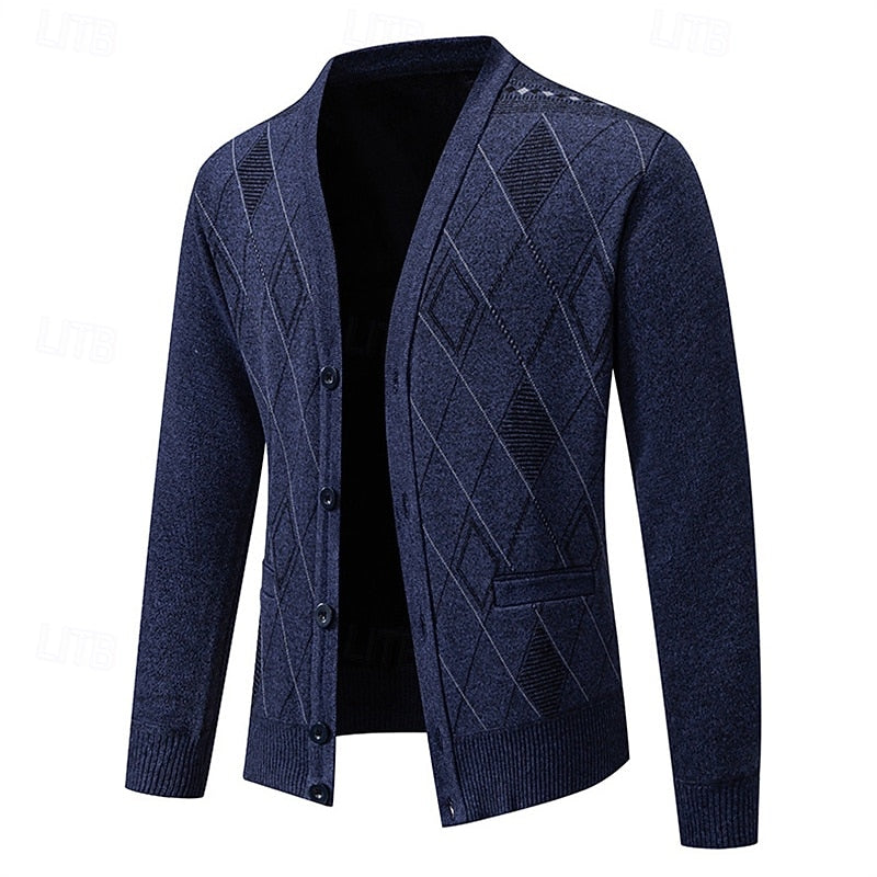 Men's Argyle V-Neck Button Cardigan with Side Pockets - Dark Gray