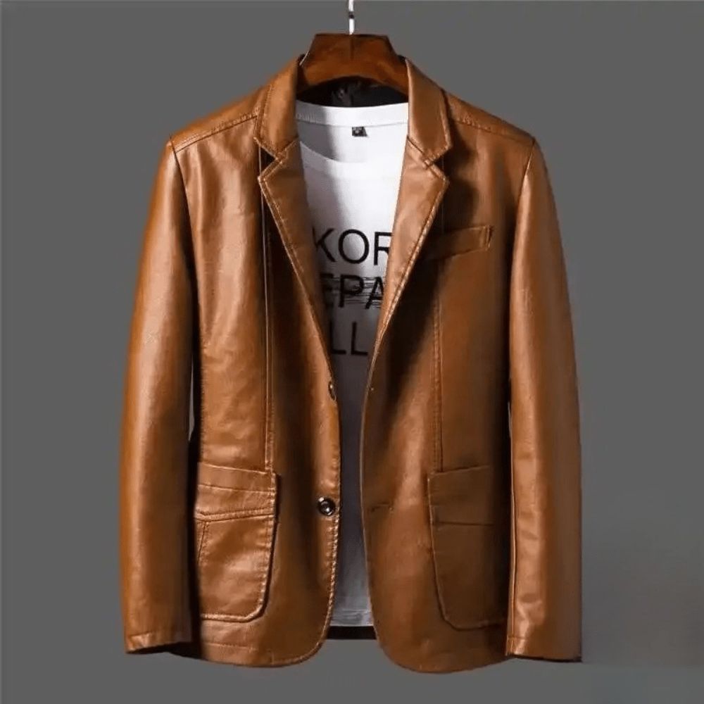 Men's Two-Button Tailored Leather Blazer Jacket - Brown