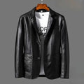 Men's Two-Button Tailored Leather Blazer Jacket - Black