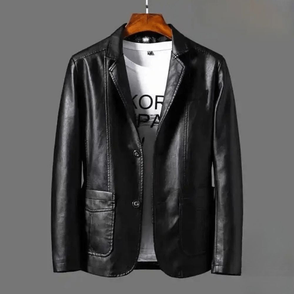 Men's Two-Button Tailored Leather Blazer Jacket - Black