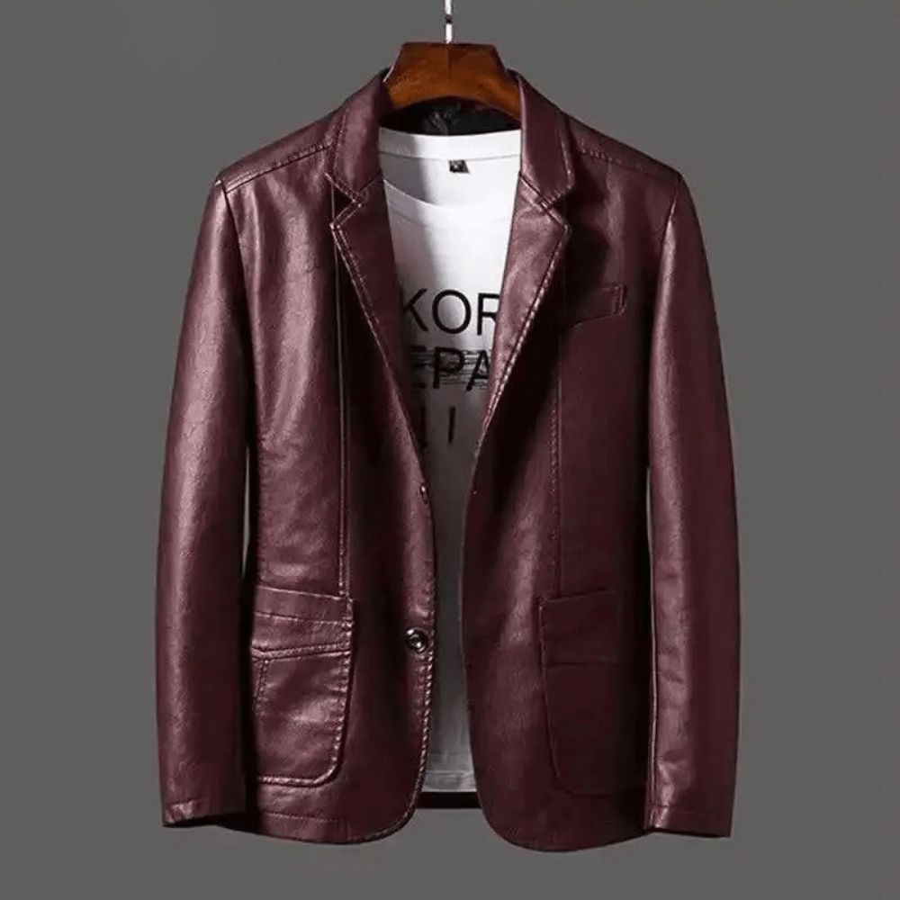 Men's Two-Button Tailored Leather Blazer Jacket - Wine Red