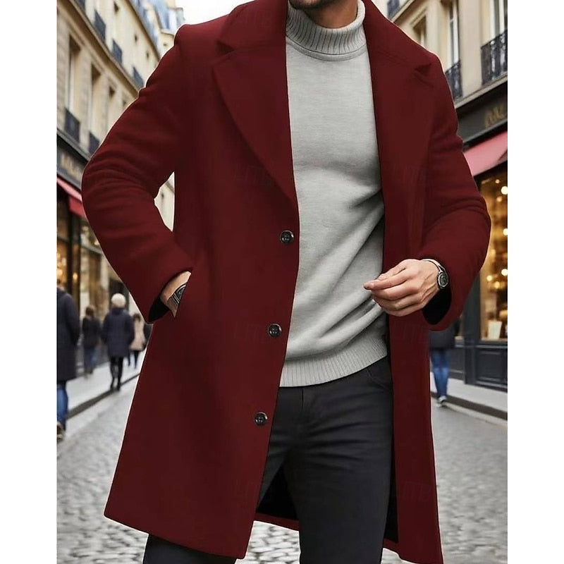 Men's Classic Long Overcoat with Roomy Pockets - Red