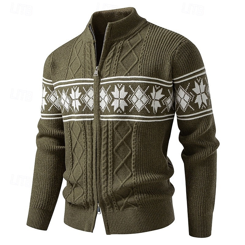 Women's Fair Isle Stand Collar Zip-Up Cardigan - Military Green