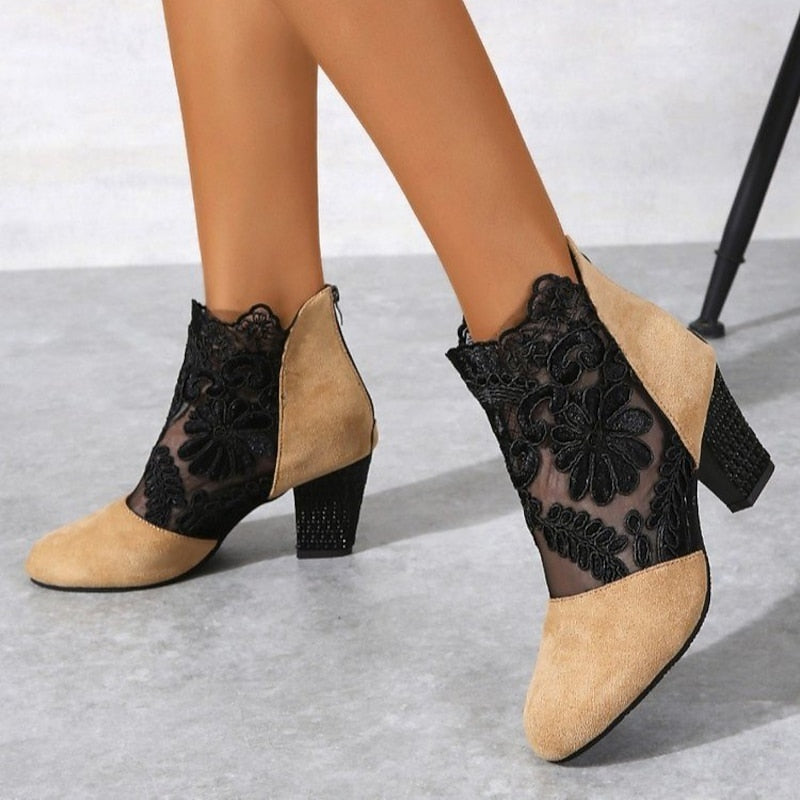 Women's Floral Lace Block Heel Ankle Boots