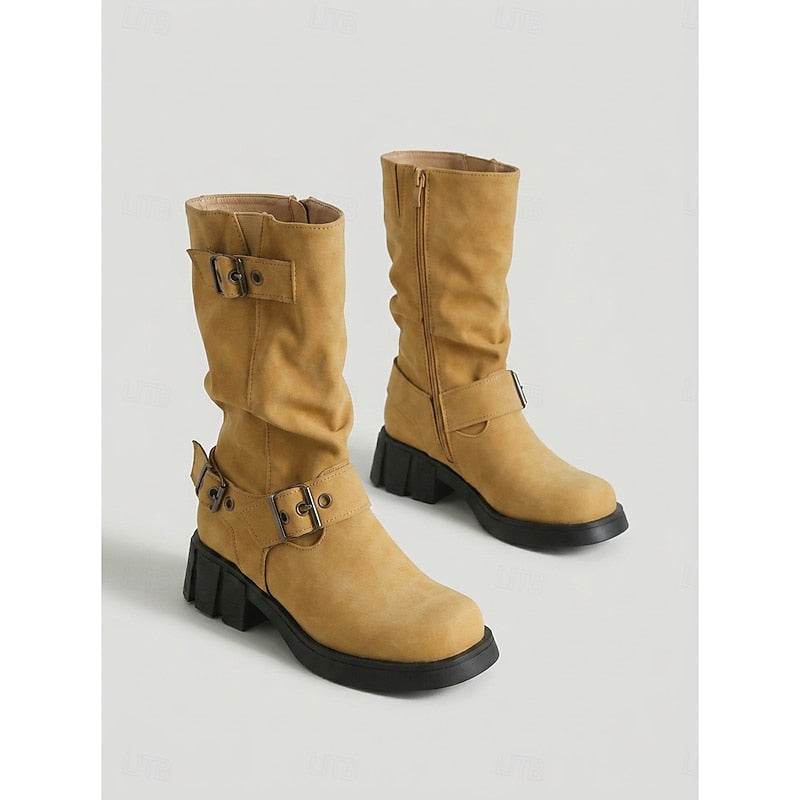 Women's Block Heel Moto Boots with Lug Sole