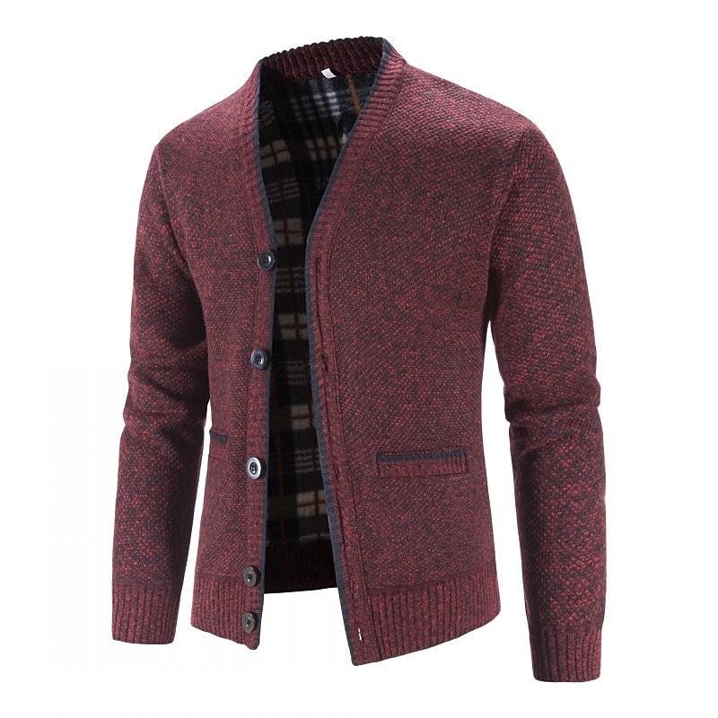 Men's Lined V-Neck Button-Front Cardigan with Pockets - Red