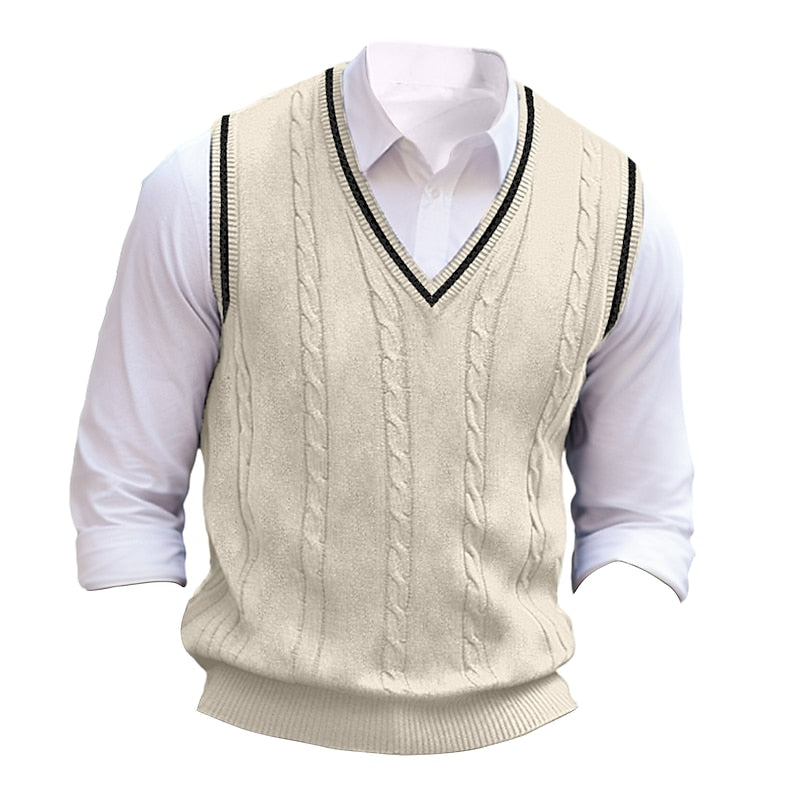 Men's Cable-Knit V-Neck Sweater Vest - Khaki