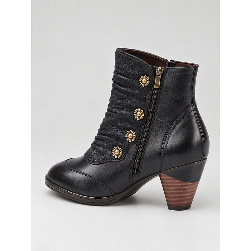 Women's Ruched Ankle Boots with Floral Buttons and Block Heel