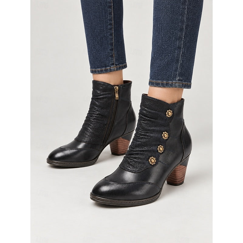 Women's Ruched Ankle Boots with Floral Buttons and Block Heel